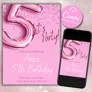 Coriandoli scintillanti rosa 5th, invito di compleanno glitterato, invito per festa di compleanno, quinto compleanno di una ragazza, modello Canva modificabile, download digitale