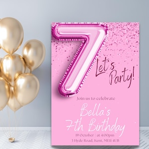 Pink 7th Sparkle Confetti Birthday Invitation, Glitter Birthday Party Invite, Girl Seventh Birthday Editable Canva Template Digital Download