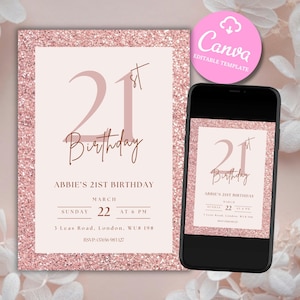 Editable Ladies 21st Birthday Invitation, Pink Glitter Twenty-One Birthday Invite 21st Birthday Party Invite Canva Template Digital Download