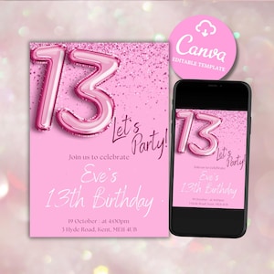 Pink 13th Sparkle Confetti Birthday Invite, Glitter Birthday Party Invite, Girl Thirteenth Bday, Editable Canva Template, Digital Download