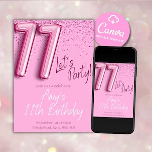 Pink 11th Sparkle Confetti Birthday Invite, Glitter Birthday Party Invite, Girl Eleventh Birthday, Editable Canva Template, Digital Download