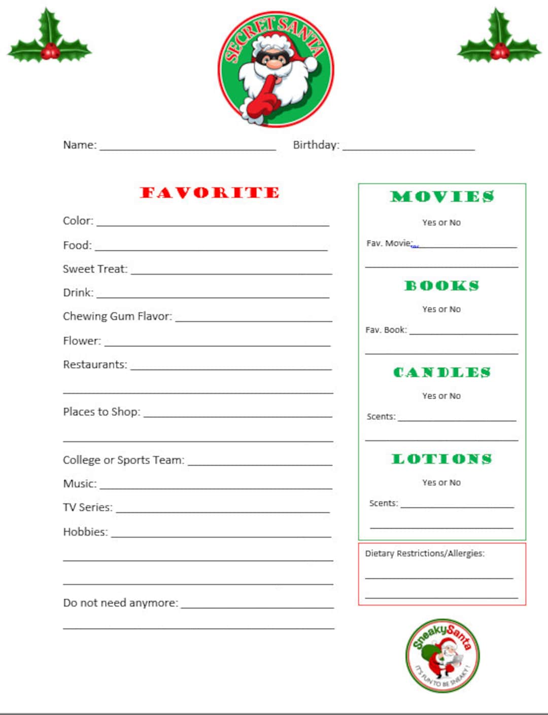 secret-santa-form-etsy for Free Printable Secret Santa Worksheets Secret Santa Form - Etsy for Free Printable Secret Santa Worksheets
