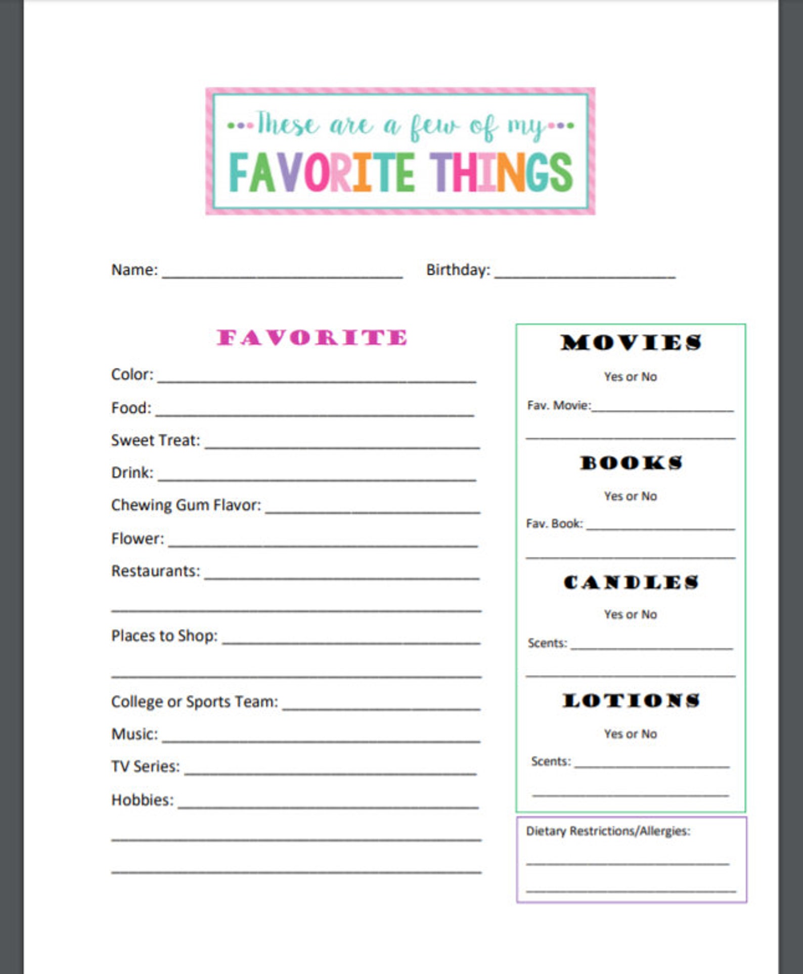 Favorite Things Printable List