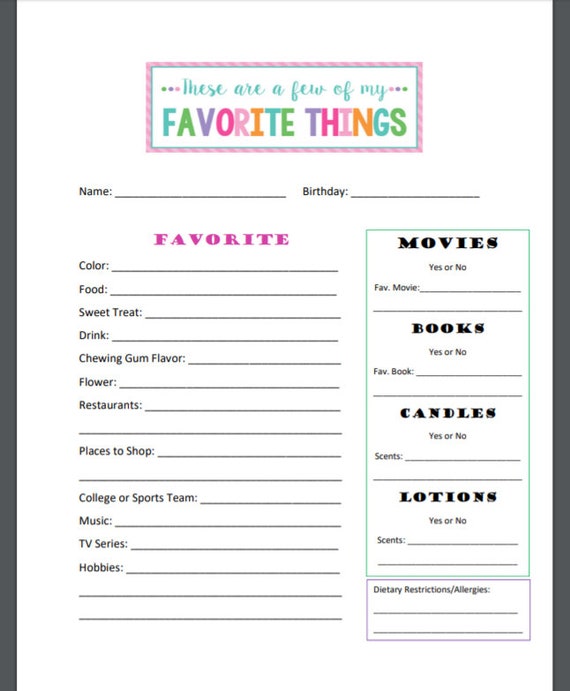 Printable Favorite Things Form