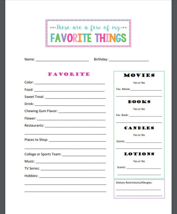 My Favorite Things List Questions  Favorite things list, Getting to know  you, About me questions