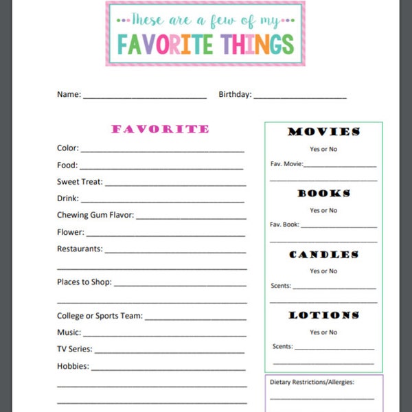 Printable Favorite Things Form