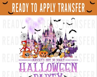 May include: A purple and pink Halloween party design featuring Mickey Mouse and friends dressed in costumes. The design includes a purple castle, bats, and the text "Mickey's Not So Scary Halloween Party".