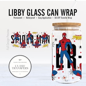 May include: A clear glass can with a red and blue Spider-Man design. The can has a black lid and a straw. The design includes the text "Spider-Man" and "The Amazing Spider".