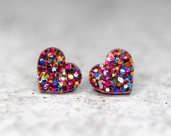 Glittery Heart Stud Earrings: Lightweight Hypoallergenic Resin Jewelry