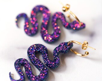 Sparkly Snake Hoop Earrings: Lightweight Resin, Hypoallergenic, Stainless Steel