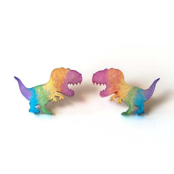 Large Rainbow T-Rex Studs, Dinosaur Earrings, Pride Earrings, Rainbow Earrings