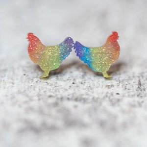 Rainbow Chicken Stud Earrings: Pride Jewelry, Resin with Hypoallergenic, Stainless Steel Posts