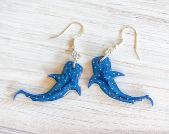 Hand Painted Whale Shark Dangle Earrings: Hypoallergenic Stainless Steel Hooks