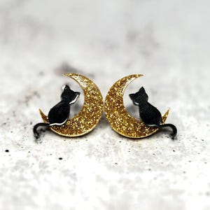 Cat in Moon Earrings, Halloween Earrings, Cat Studs, Moon Studs