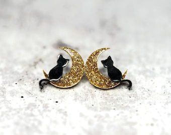 Cat in Moon Stud Earrings: Resin and Stainless Steel Halloween Jewelry, Gold or Silver