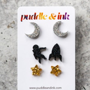Outer Space Stud Set: Glitter Resin Astronaut, Moon, Star Earrings