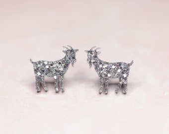 Glitter Goat Stud Earrings, Hypoallergenic Farm Animal Jewelry