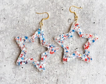 Large Open Star Earrings, 4th of July Earrings, Red White Blue, Star Statement Earrings,