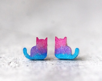 Bisexual Pride Cat Stud Earrings: Hypoallergenic Stainless Steel Posts