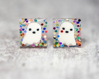 Party Ghost Earrings, Cute Halloween Earrings, Square Studs