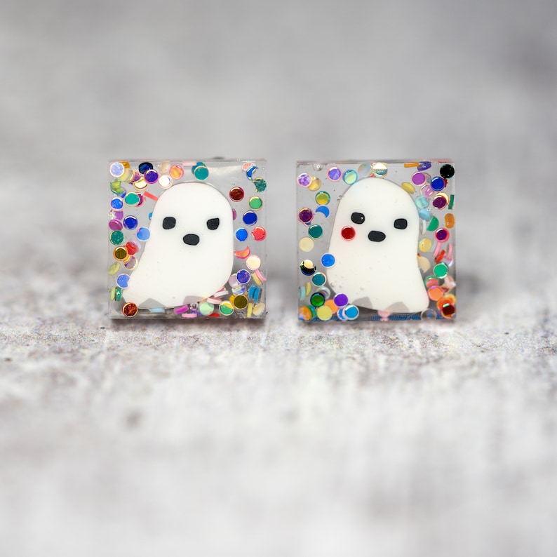 Party Ghost Earrings, Cute Halloween Earrings, Square Studs image 1
