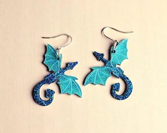 Teal and Blue Glitter Flying Dragon Earrings: Resin Fantasy Dangles, Hypoallergenic