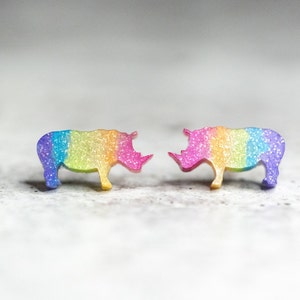 Rainbow Rhino Earrings, Cute Rhinoceros Studs, Rhinoceros Earrings