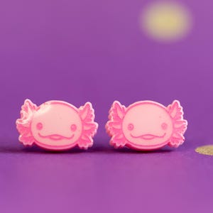 Adorable Happy Axolotl Studs, Statement Studs, Hand-painted Resin Earrings, Axolotl Jewelry, Amphibian Jewelry