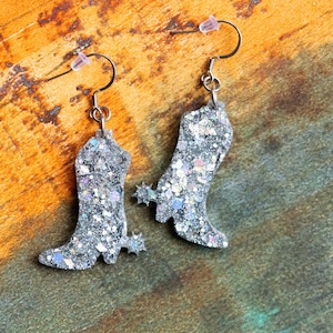 Sparkly Cowboy Boot Earrings: Glitter Resin Cowgirl Dangles