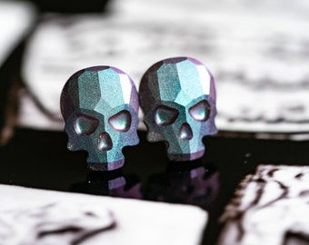 Faceted 3D Skull Stud Earrings: Color-Changing Resin Earrings, Halloween Jewelry
