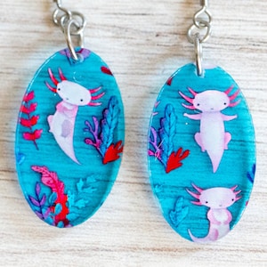 Adorable Oval Axolotl Earrings, Acrylic Earrings, Axolotl Jewelry