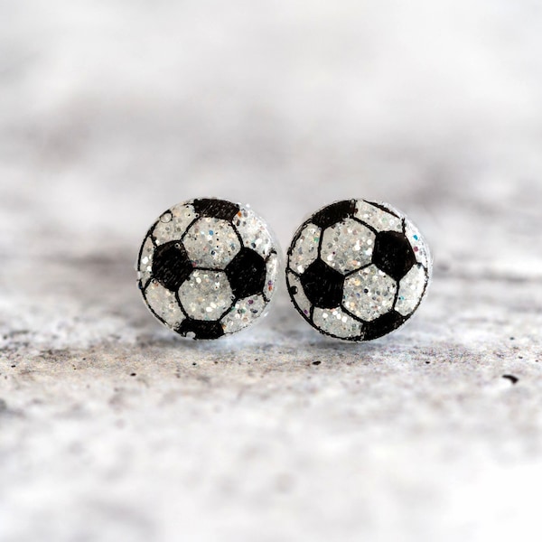 Glitter Soccer Earrings, Soccer Ball Studs, Soccer Studs, Sports Earrings