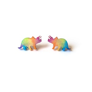 Tiny Rainbow Triceratops Dinosaur Resin Stud Earrings