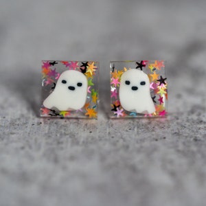 Party Ghost Earrings, Cute Halloween Earrings, Square Studs image 3