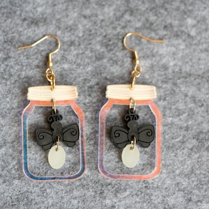 Glow in the Dark Lightning Bug Earrings: Iridescent Mason Jar, Hypoallergenic