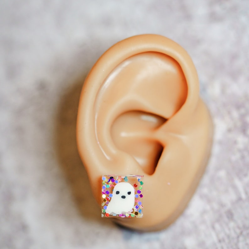 Party Ghost Earrings, Cute Halloween Earrings, Square Studs image 2