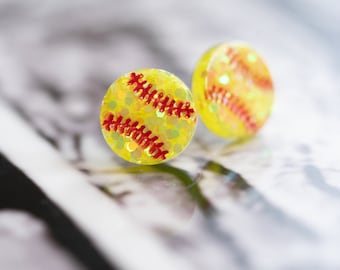 Sparkly Softball Stud Earrings: Handmade Hypoallergenic Resin Earrings, Custom Team Colors