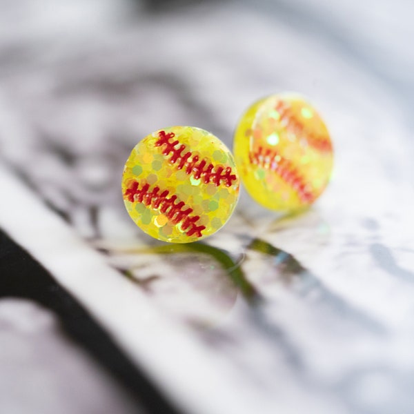 Sparkly Softball Earrings, Softball studs, Great Softball gift. Ball Earrings. Custom Colors Available.