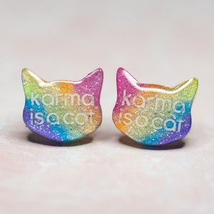 Large Rainbow Karma is a Cat Earrings, Swiftie Earrings, Lyrics Earrings, Taylor Inspired Statement Studs, Cat Lover