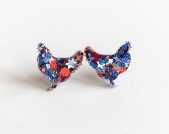 Patriotic Chicken Studs, 4th of July Chicken Earrings, Independence Day Earrings