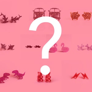 May include: A pink background with a white question mark in the center.  The background is decorated with various glitter-covered shapes, including a pair of pink flamingos, a pair of pink dinosaurs, a pair of pink gummy bears, a pair of pink pigs, a pair of pink mustaches, a pair of pink fish, a pair of pink vans, a pair of pink stingrays, and a pair of pink balloon dogs.
