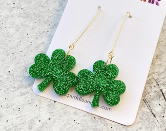 Sparkly Shamrock Drops, Hypoallergenic Stainless Steel, St Patrick's Day Clover Earrings