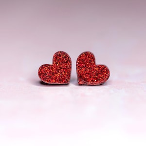 Mini Glitter Heart Stud Earrings: Lightweight Resin, Hypoallergenic, Stainless Steel