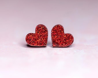 Mini Glitter Heart Stud Earrings: Lightweight Resin, Hypoallergenic, Stainless Steel