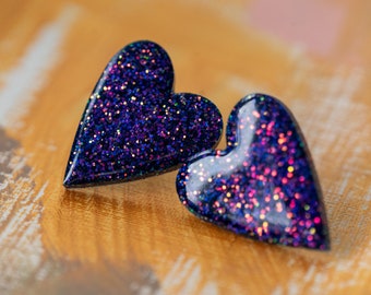 XL Statement Heart Studs, Glittery Heart Earrings, Valentine Jewelry