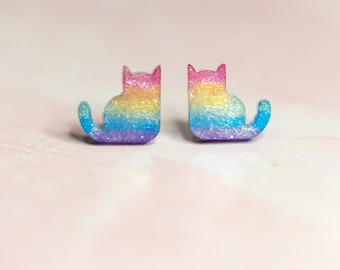 Rainbow Cat Stud Earrings: Hypoallergenic Stainless Steel Posts