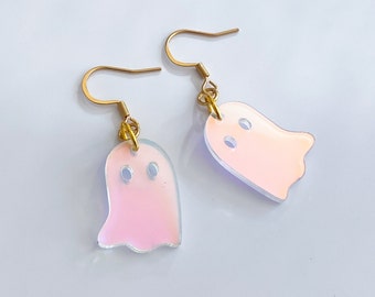 Little Iridescent Ghost Earrings, Cute Ghosts, Halloween Earrings, Rainbow Ghosts