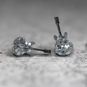Glittery Silver Guitar Studs, Mini Guitar Earrings, Concert Studs, Sparkly Guitar earrings, Music Studs