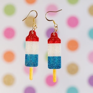 Sparkly Rocket Pop Earrings: Red, White, and Blue Popsicles - Hypoallergenic Stainless Steel Hooks