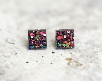 Little Glitter Square Stud Earrings: Hypoallergenic Stainless Steel Posts, Everyday Jewelry